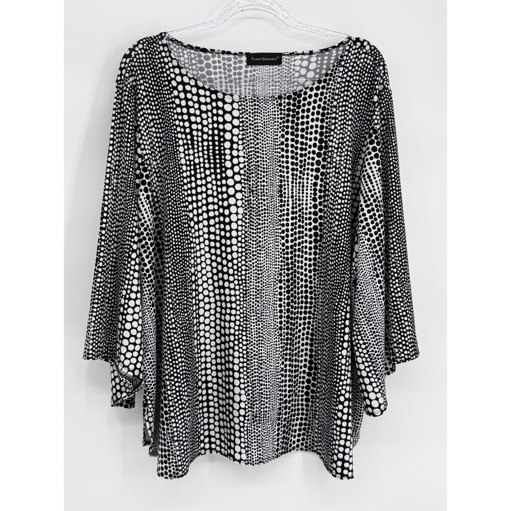 Travel Elements Womens Black White Polka Dot Scoop Neck 3/4 Sleeve Top USA Sz 2X